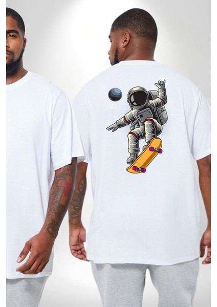 Atronot Kaykay Uzay Mars Büyük Beden Beyaz Tişört Kadın Erkek Ünisex Sırt Baskılı fiyatları