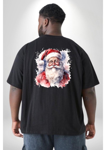 Mutlu Noel Baba Yeni Yıl Tasarımı Büyük Beden Siyah Tişört Kadın Erkek Ünisex Sırt Baskılı