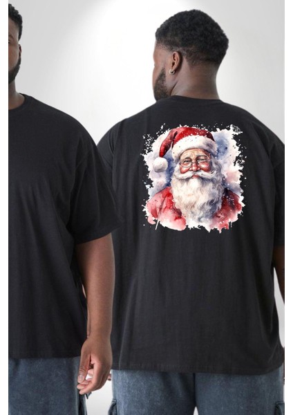 Mutlu Noel Baba Yeni Yıl Tasarımı Büyük Beden Siyah Tişört Kadın Erkek Ünisex Sırt Baskılı fiyatları