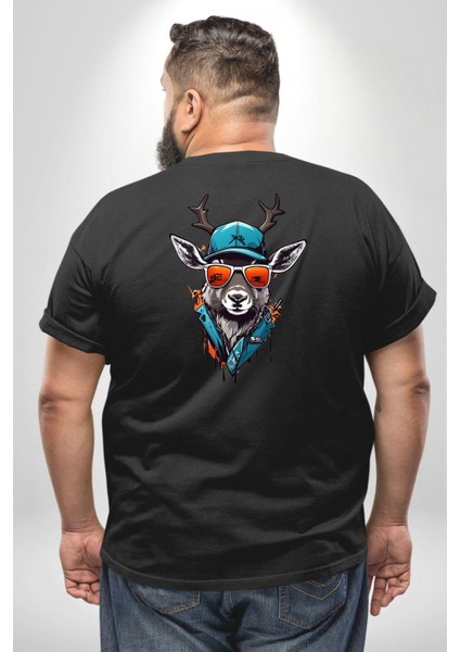 Güneş Gözlüğü Savaşcı Geyik Büyük Beden Siyah Tişört Kadın Erkek Ünisex Sırt Baskılı