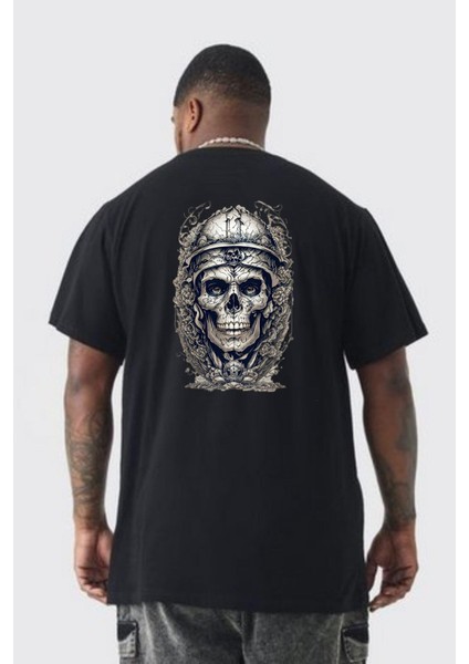 Kask Miğfer Iskelet Asker Büyük Beden Siyah Tişört Kadın Erkek Ünisex Sırt Baskılı