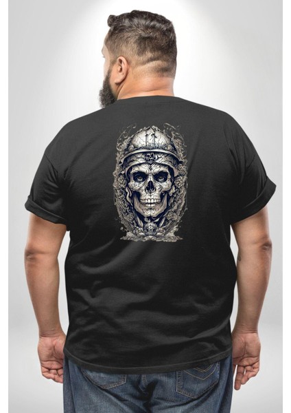 Kask Miğfer Iskelet Asker Büyük Beden Siyah Tişört Kadın Erkek Ünisex Sırt Baskılı fırsatları