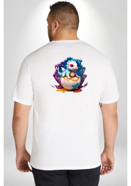 Sevimli Bebek Ejderha Elmas Yumurta Büyük Beden Beyaz Tişört Kadın Erkek Ünisex Sırt Baskılı