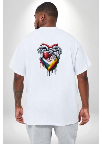 Kalp Damar Renkli Boyalı Büyük Beden Beyaz Tişört Kadın Erkek Ünisex Sırt Baskılı