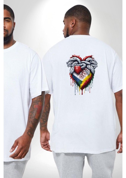 Kalp Damar Renkli Boyalı Büyük Beden Beyaz Tişört Kadın Erkek Ünisex Sırt Baskılı fiyatları