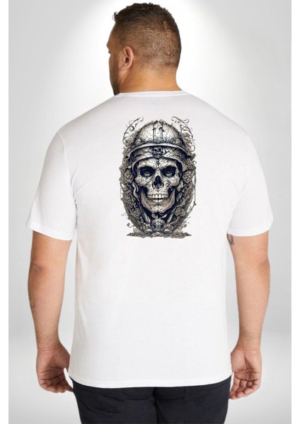 Kask Miğfer Iskelet Asker Büyük Beden Beyaz Tişört Kadın Erkek Ünisex Sırt Baskılı