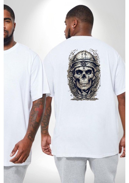 Kask Miğfer Iskelet Asker Büyük Beden Beyaz Tişört Kadın Erkek Ünisex Sırt Baskılı fiyatları