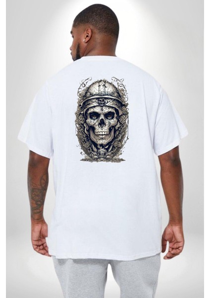 Kask Miğfer Iskelet Asker Büyük Beden Beyaz Tişört Kadın Erkek Ünisex Sırt Baskılı fırsatları