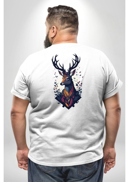 Geyik Kafası Yapraklar Büyük Beden Beyaz Tişört Kadın Erkek Ünisex Sırt Baskılı