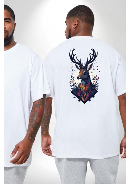 Geyik Kafası Yapraklar Büyük Beden Beyaz Tişört Kadın Erkek Ünisex Sırt Baskılı fiyatları