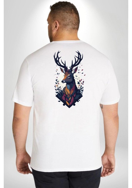 Geyik Kafası Yapraklar Büyük Beden Beyaz Tişört Kadın Erkek Ünisex Sırt Baskılı fırsatları