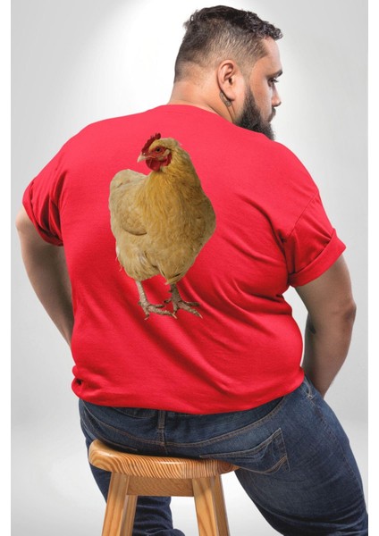 Tavuk Büyük Beden Kırmızı Tişört Kadın Erkek Ünisex Sırt Baskılı