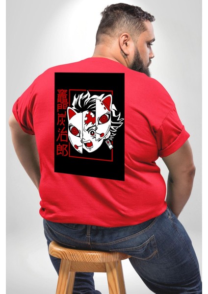 Anime Iblis Avcısı Kimetsu No Yaiba Maske Büyük Beden Kırmızı Tişört Kadın Erkek Ünisex Sırt Baskılı