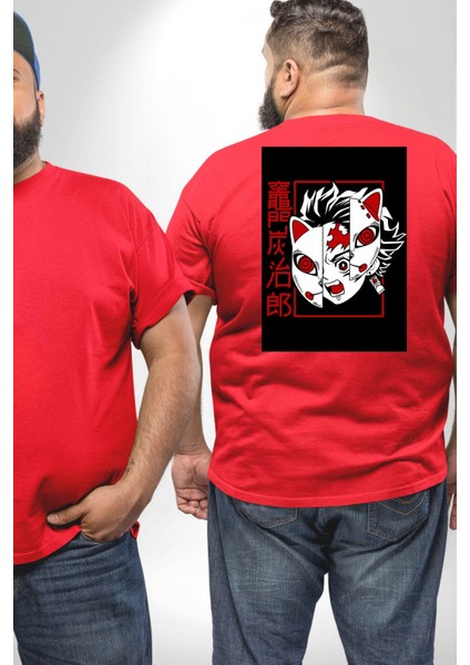 Anime Iblis Avcısı Kimetsu No Yaiba Maske Büyük Beden Kırmızı Tişört Kadın Erkek Ünisex Sırt Baskılı fiyatları