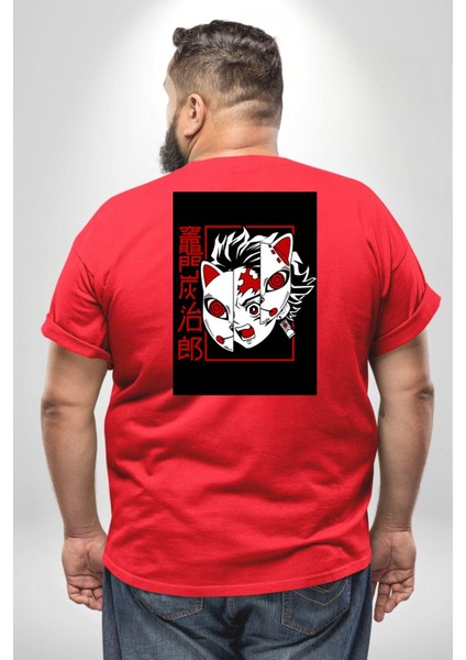 Anime Iblis Avcısı Kimetsu No Yaiba Maske Büyük Beden Kırmızı Tişört Kadın Erkek Ünisex Sırt Baskılı fırsatları