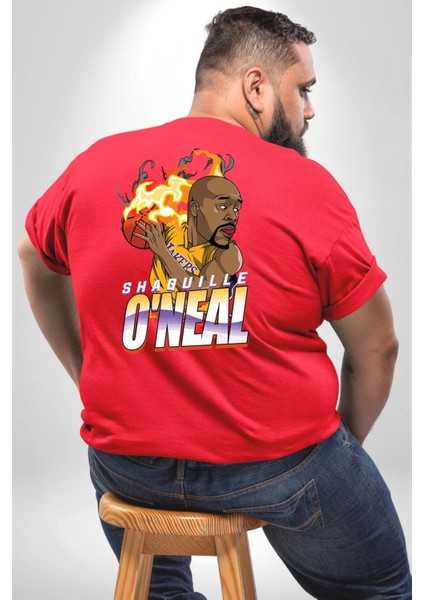 Basketbol Shaquille Oneal Star Ateş Topu Büyük Beden Kırmızı Tişört Kadın Erkek Ünisex Sırt Baskılı