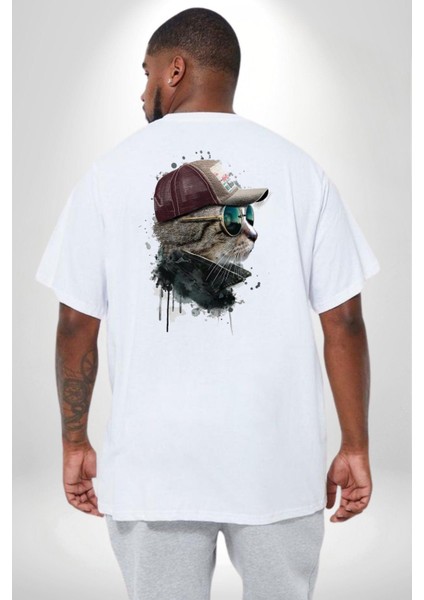 Pilot Çeketli Deri Şapkalı Cool Kedi Büyük Beden Beyaz Tişört Kadın Erkek Ünisex Sırt Baskılı