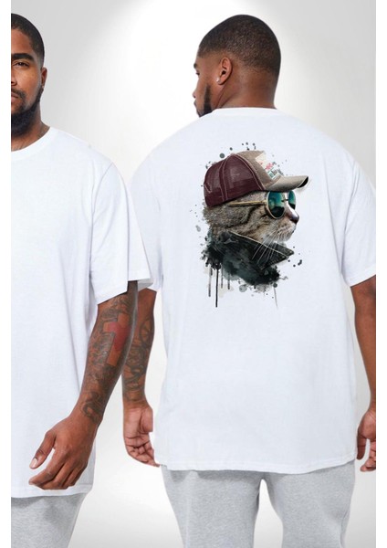Pilot Çeketli Deri Şapkalı Cool Kedi Büyük Beden Beyaz Tişört Kadın Erkek Ünisex Sırt Baskılı fiyatları