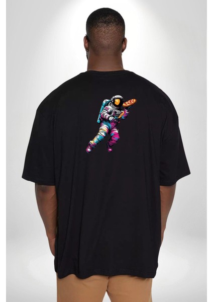 Pizza Servisi Uzay Kurye Büyük Beden Siyah Tişört Kadın Erkek Ünisex Sırt Baskılı