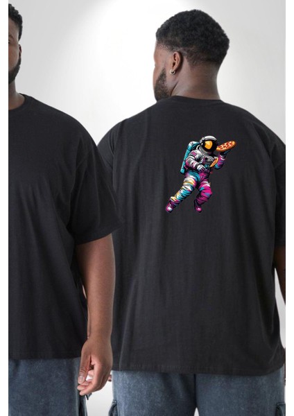 Pizza Servisi Uzay Kurye Büyük Beden Siyah Tişört Kadın Erkek Ünisex Sırt Baskılı fiyatları