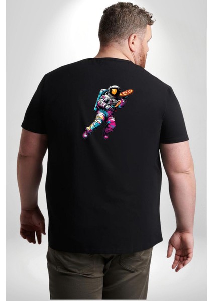 Pizza Servisi Uzay Kurye Büyük Beden Siyah Tişört Kadın Erkek Ünisex Sırt Baskılı fırsatları