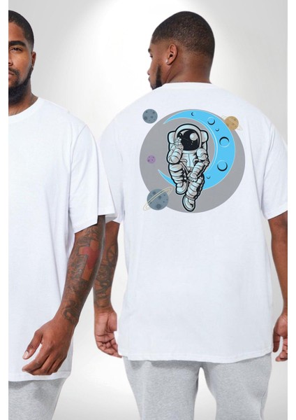 Astronot Uzayda Sıkılmış Büyük Beden Beyaz Tişört Kadın Erkek Ünisex Sırt Baskılı fiyatları