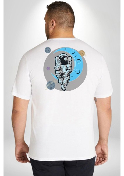 Astronot Uzayda Sıkılmış Büyük Beden Beyaz Tişört Kadın Erkek Ünisex Sırt Baskılı fırsatları
