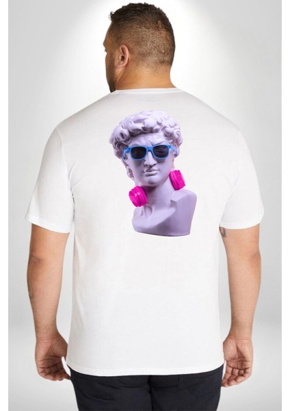 Kulaklık Gözlük Pop Art Heykel Büyük Beden Beyaz Tişört Kadın Erkek Ünisex Sırt Baskılı