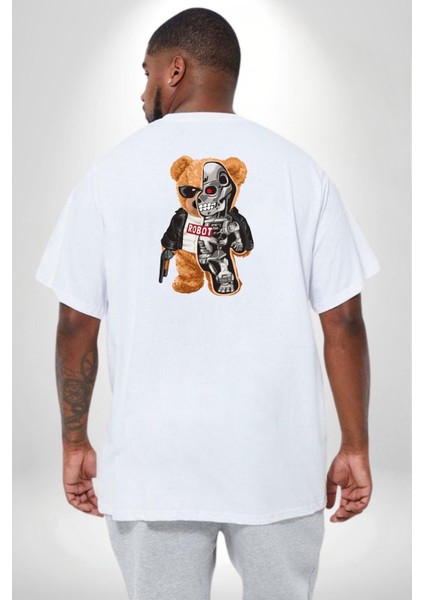 Robot Ayı Güneş Gözlüğü Büyük Beden Beyaz Tişört Kadın Erkek Ünisex Sırt Baskılı