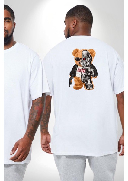 Robot Ayı Güneş Gözlüğü Büyük Beden Beyaz Tişört Kadın Erkek Ünisex Sırt Baskılı fiyatları