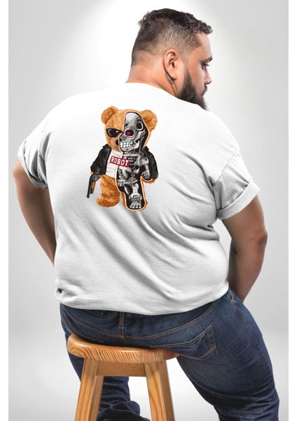 Robot Ayı Güneş Gözlüğü Büyük Beden Beyaz Tişört Kadın Erkek Ünisex Sırt Baskılı fırsatları