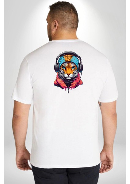 Kulaklık Kedi Leopar Bandana Büyük Beden Beyaz Tişört Kadın Erkek Ünisex Sırt Baskılı