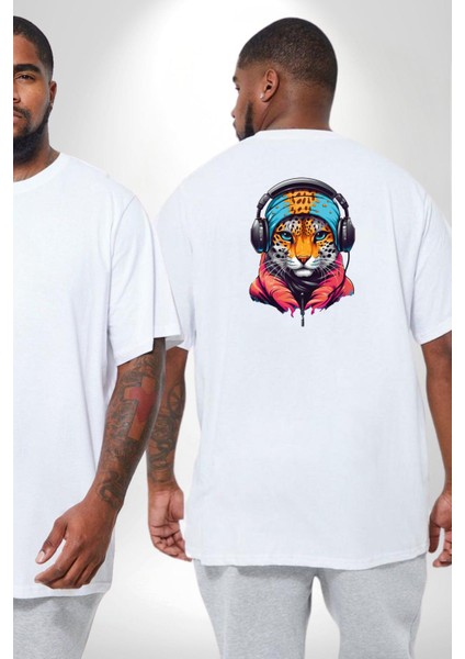 Kulaklık Kedi Leopar Bandana Büyük Beden Beyaz Tişört Kadın Erkek Ünisex Sırt Baskılı fiyatları