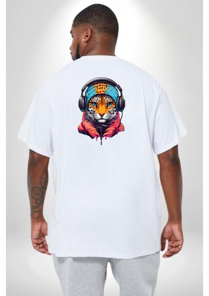 Kulaklık Kedi Leopar Bandana Büyük Beden Beyaz Tişört Kadın Erkek Ünisex Sırt Baskılı fırsatları