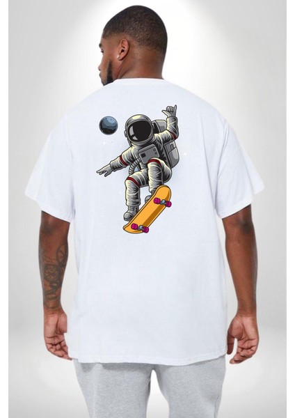 Atronot Kaykay Uzay Mars Büyük Beden Beyaz Tişört Kadın Erkek Ünisex Sırt Baskılı fırsatları