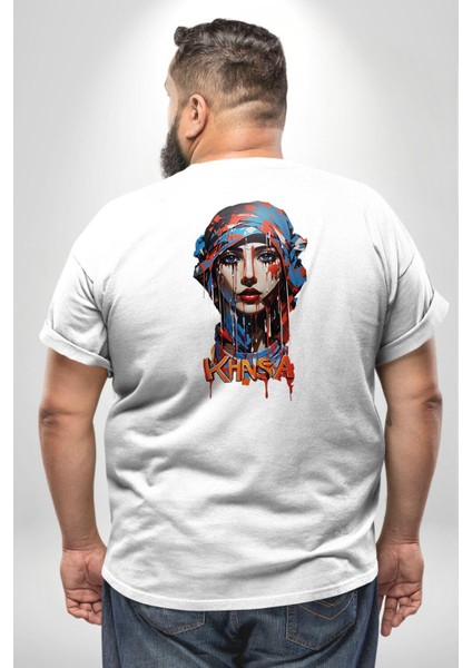 Khansa Eşarp Kadın Tasarımı Büyük Beden Beyaz Tişört Kadın Erkek Ünisex Sırt Baskılı