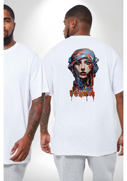 Khansa Eşarp Kadın Tasarımı Büyük Beden Beyaz Tişört Kadın Erkek Ünisex Sırt Baskılı fiyatları