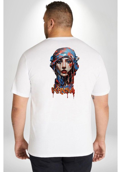 Khansa Eşarp Kadın Tasarımı Büyük Beden Beyaz Tişört Kadın Erkek Ünisex Sırt Baskılı fırsatları