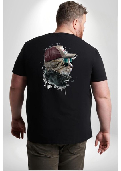 Pilot Çeketli Deri Şapkalı Cool Kedi Büyük Beden Siyah Tişört Kadın Erkek Ünisex Sırt Baskılı