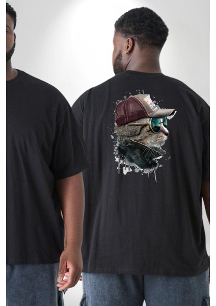 Pilot Çeketli Deri Şapkalı Cool Kedi Büyük Beden Siyah Tişört Kadın Erkek Ünisex Sırt Baskılı fiyatları