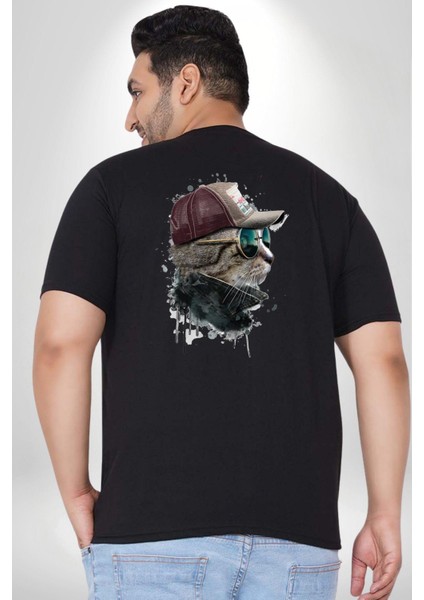 Pilot Çeketli Deri Şapkalı Cool Kedi Büyük Beden Siyah Tişört Kadın Erkek Ünisex Sırt Baskılı fırsatları