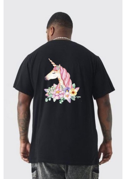 Unicorn Çiçek Büyük Beden Siyah Tişört Kadın Erkek Ünisex Sırt Baskılı