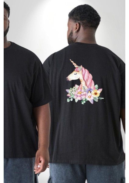 Unicorn Çiçek Büyük Beden Siyah Tişört Kadın Erkek Ünisex Sırt Baskılı fiyatları