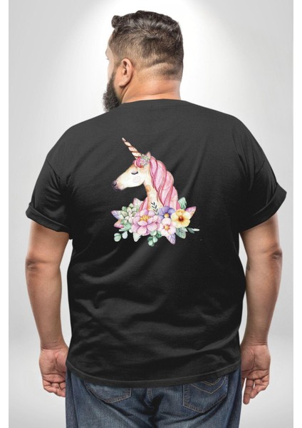 Unicorn Çiçek Büyük Beden Siyah Tişört Kadın Erkek Ünisex Sırt Baskılı fırsatları
