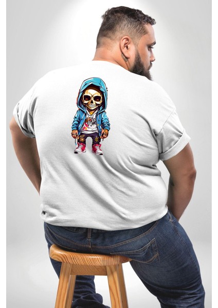 Hiphop Kurukafa Hoodie Büyük Beden Beyaz Tişört Kadın Erkek Ünisex Sırt Baskılı