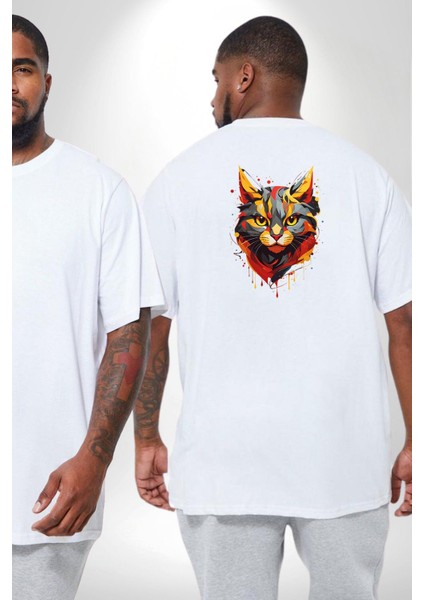 Sarı Beyaz Kedi Boyalı Büyük Beden Beyaz Tişört Kadın Erkek Ünisex Sırt Baskılı fiyatları