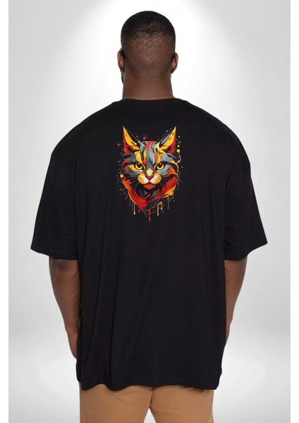 Sarı Siyah Kedi Boyalı Büyük Beden Siyah Tişört Kadın Erkek Ünisex Sırt Baskılı