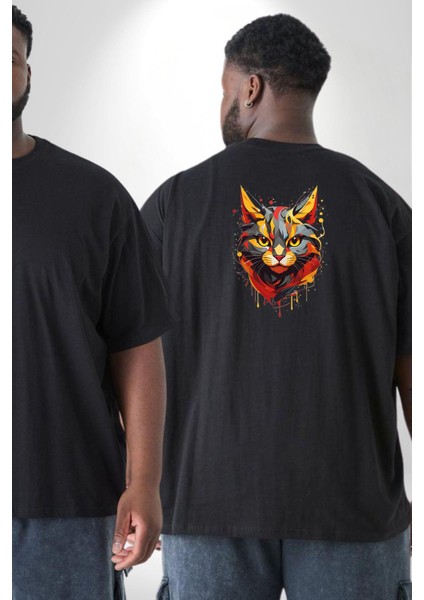 Sarı Siyah Kedi Boyalı Büyük Beden Siyah Tişört Kadın Erkek Ünisex Sırt Baskılı fiyatları