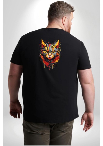 Sarı Siyah Kedi Boyalı Büyük Beden Siyah Tişört Kadın Erkek Ünisex Sırt Baskılı fırsatları
