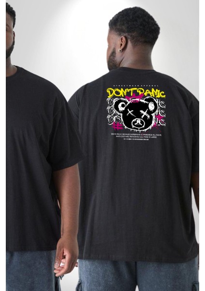 Panik Yok Teddy Büyük Beden Siyah Tişört Kadın Erkek Ünisex Sırt Baskılı fiyatları